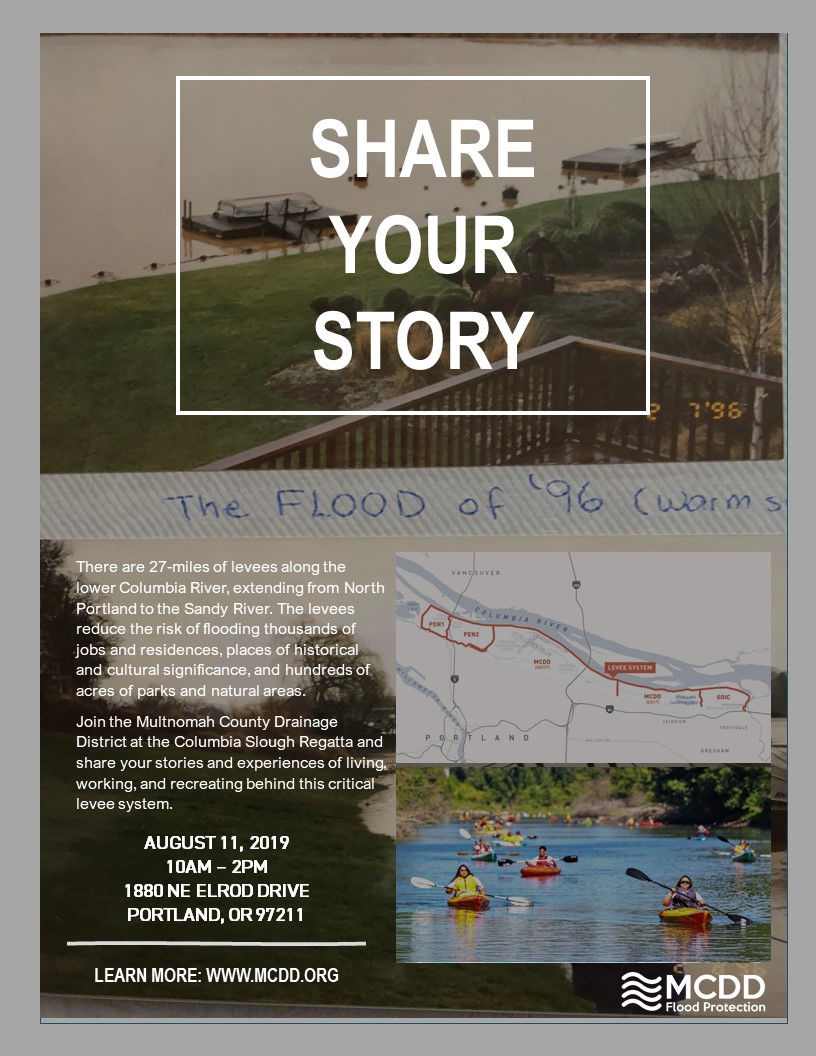 flyer entitled "share your story" encouraging people to share their stories of living, working, or recreating in the Columbia Slough watershed and behind the Columbia Corridor levee system during the 24th annual regatta